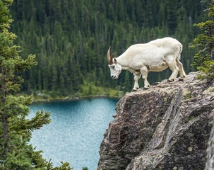 Fototapeta premium Majestic Mountain Goat on Rocky Outcrop Above Serene Lake