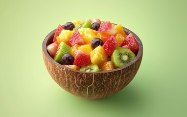 Colorful fruit salad in a coconut bowl, isolated on a pastel green background