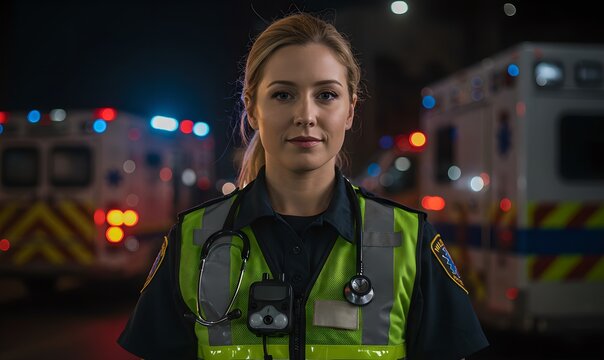 Caucasian woman paramedic in uniform with stethoscope standing in front of ambulances at night. Emergency medical service worker ready for action.