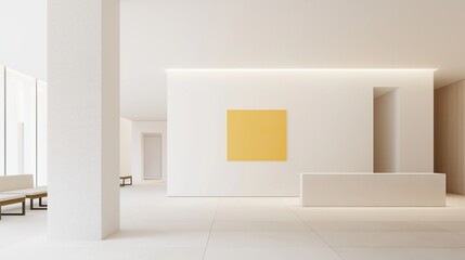 Empty room with white walls and flooring. the room has a modern and minimalist design with a large window on the left side and a white bench on the right side.