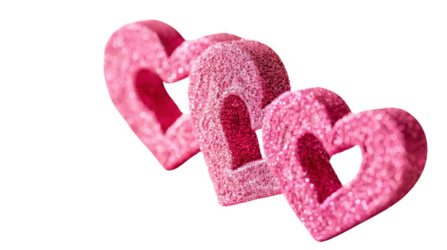 Three pink glittery hearts showing love and romance on transparent background