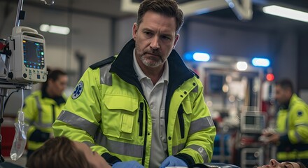 Caucasian male paramedic in high-visibility jacket treating patient on stretcher. Emergency medical service in action at hospital or ambulance bay. Healthcare crisis response.