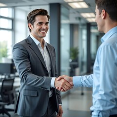 La gente dando la mano. Empleados de oficina. Firma de un contrato.