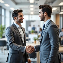 La gente dando la mano. Empleados de oficina. Firma de un contrato.
