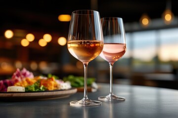 Naklejka premium Elegant Evening Ambiance with Glasses of Rose Wine in a Contemporary Restaurant Setting
