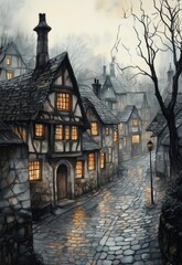 Obraz premium Old town with cobblestone street on a rainy winter day.