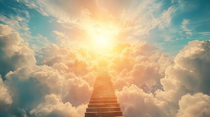 A symbolic staircase ascends to the heavens, traversing a sky full of sunlight and clouds, representing death and the transition to an afterlife
