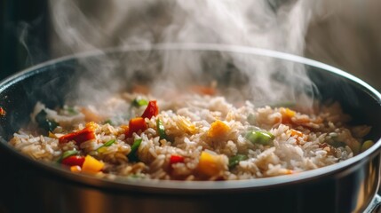 Fragrant Jasmine Rice with Fresh Vegetables Steaming in a Pot on the Stove