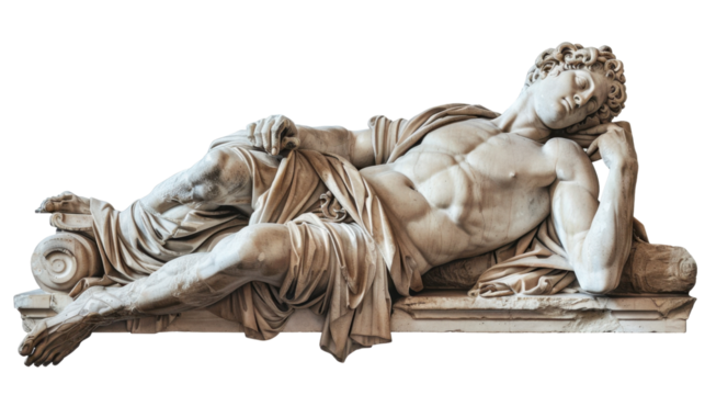 Reclining male nude statue resting peacefully on transparent background