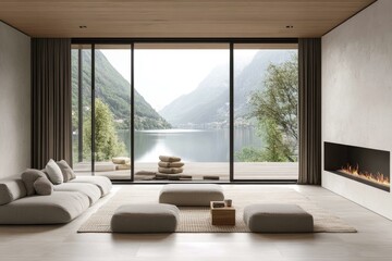 Fototapeta premium Modern Minimalist Living Room with Panoramic Lake View