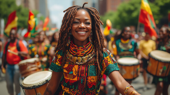 Joyful African American woman celebrating Juneteenth at vibrant street parade, wearing colorful traditional attire, holding drums, smiling brightly with red, yellow, green flags in background

