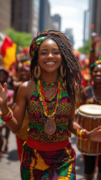 Joyful African American woman celebrating Juneteenth at vibrant street parade, wearing colorful traditional attire, holding drums, smiling brightly with red, yellow, green flags in background
