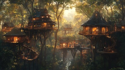 Obraz premium A serene and enchanting scene showcasing a collection of treehouse dwellings nestled among lush, green trees. The wooden structures are positioned high above the ground, connected by winding pathways,
