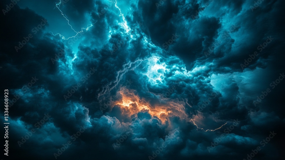 Poster a thunderous sky fills the horizon with dark clouds swirling ominously. flashes of electric blue int
