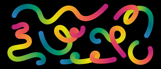 Abstract swirling neon shapes set on black, Linear rainbow fluid spirals, Vector illustration.