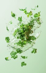 Flying cilantro with splashes, isolated on a light green background