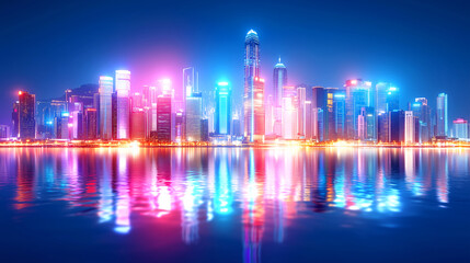 A vibrant city skyline showcases tall buildings adorned with colorful lights against a dark night sky. Reflective waters create a stunning visual display, enhancing the urban landscape's beauty
