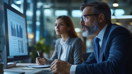 Senior executive and female colleague analyzing data charts in modern corporate office late night business meeting