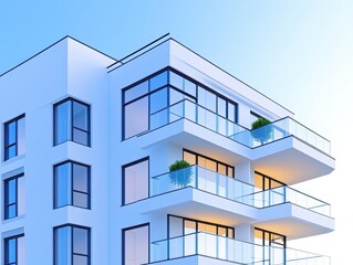 Obraz premium Modern architectural building with glass balconies under a clear blue sky