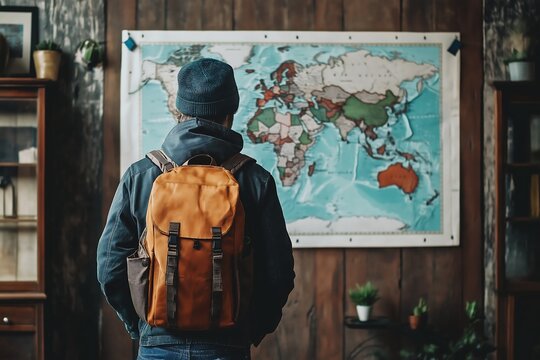 Adventurer with backpack exploring map indoors for travel planning and destination selection