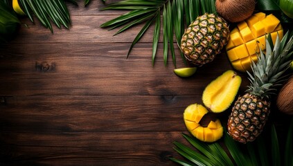 Tropical fruit arrangement on a dark wooden surface. Fresh mango, pineapple, and coconut pieces are surrounded by lush green palm leaves.  A vibrant display of exotic fruits