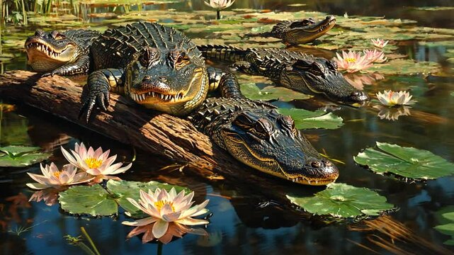 Alligators Resting on a Log in a Swamp