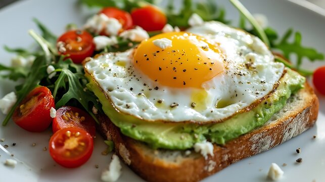 An egg and avocado toast on a white plate with an arugula salad, red cherry tomatoes, and feta cheese sprinkled over the avocados