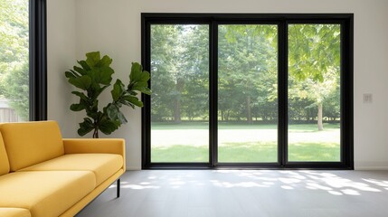 Modern living room with a large window on the right side. the window has a black frame and is open, allowing natural light to enter the room.