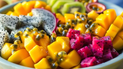 Colorful fruit bowl with exotic varieties.