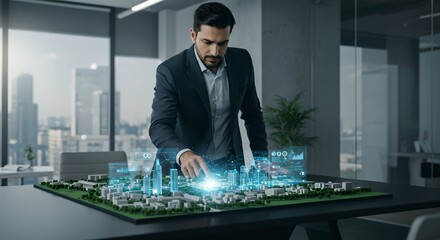 Businessman interacting with futuristic 3D hologram of smart city. Urban planning and digital twin technology for sustainable development and infrastructure management