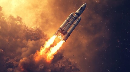 Obraz premium Rocket launch blast off representing a symbol of exploration and power from a metal missile spacecraft thrusting upwards into space with a combustion flame.