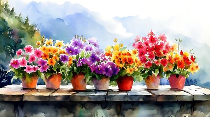Fototapeta premium Vibrant Flower Pots Balcony Mountain View