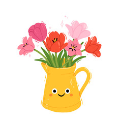 Cute watering can character with hand drawn tulip flowers. Vector illustration. Simple flat kawaii style.