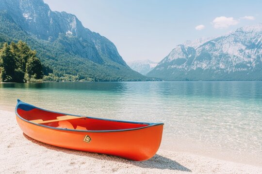 Red canoe on serene lake beach, mountains backdrop