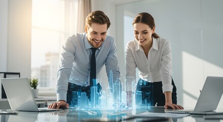 Business professionals analyzing digital city hologram on desk. Future urban planning technology. Man and woman collaborating on smart city project in modern office