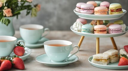 Delicious macaroons with tea and snacks.
