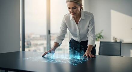 Businesswoman interacting with holographic cityscape projection on office desk. Future urban planning technology for smart cities and digital transformation concept