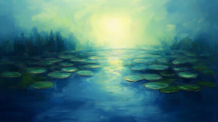 Fototapeta premium Serene Lily Pads at Dawn - Impressionist Landscape Painting