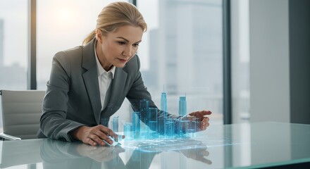 Woman interacting with futuristic 3D hologram of city skyline. Digital urban planning, smart city technology, and architectural visualization concept in modern office