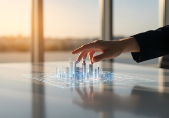 Woman interacting with holographic city model on office desk. Future urban planning, smart city technology, and digital twin concept for sustainable development