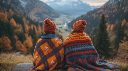 Warmly dressed individuals sitting side by side, wrapped in colorful blankets, gazing at a picturesque mountain valley during autumn