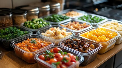 Obraz premium A meal prep setup with healthy portions in containers, promoting clean eating