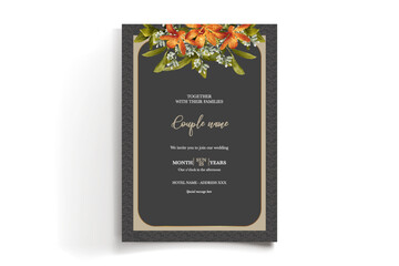 WEDDING INVITATION FRAME WITH FLOWER DECORATIONS AND FRESH LEAVES