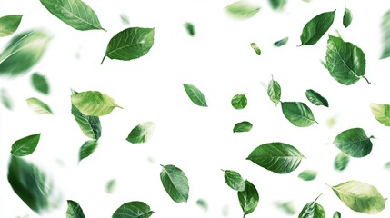 Leaves Green Falling. Spring Flying Foliage. Chaotic Leaf On White Background. Ecology Design, Nature Elements. Spring Sale Vector Illustration. Greenery Environment Backdrop.