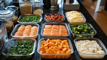 A meal prep setup with healthy portions in containers, promoting clean eating