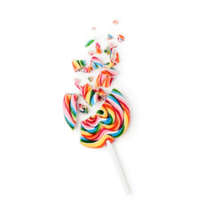 Brocken lollipop photography isolated on white background. Clipping path. Original shadow.