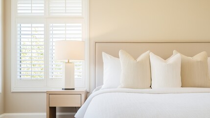 Bedroom with a large window on the left side of the image. the window has white shutters that let in natural light. the walls are painted in a light beige color and the floor is made of hardwood.