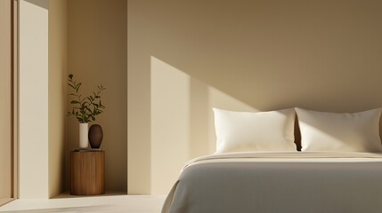 Modern bedroom with a minimalist design. the walls are painted in a light beige color and the floor is covered with a beige carpet.