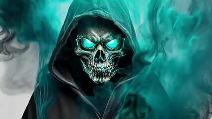 Mysterious figure shrouded in smoke with glowing skull and dark hood in an eerie atmosphere