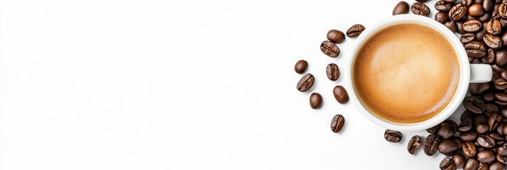 Obraz premium A steaming cup of coffee surrounded by scattered coffee beans on a clean white background.